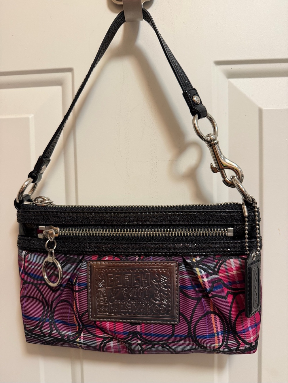 Coach Pink Plaid Signature Wristlet with Black Trim
